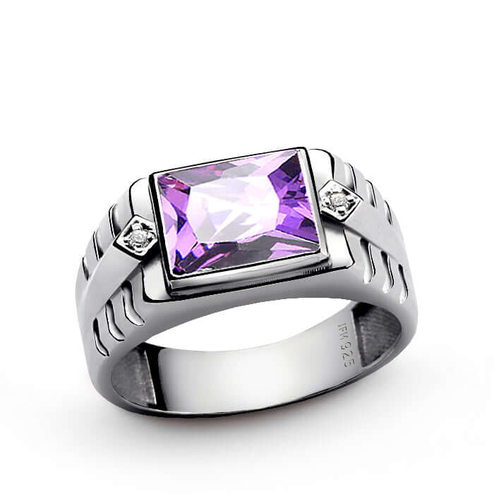 Sterling Silver Bezel Set Gemstone Ring for Men with Diamonds