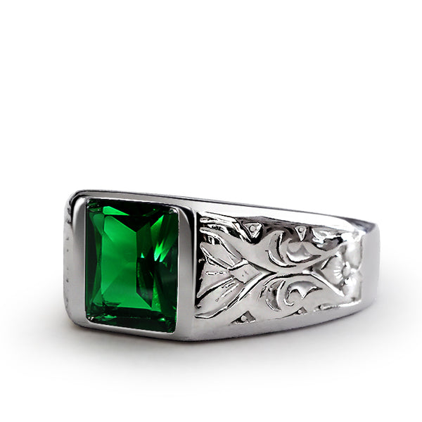 Male Vintage Ring with Green Emerald Stone in Solid 10K White Gold