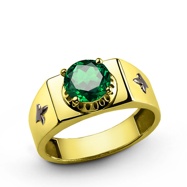 Round Green Emerald Gemstone 10k Solid Yellow Gold Band Ring For Men