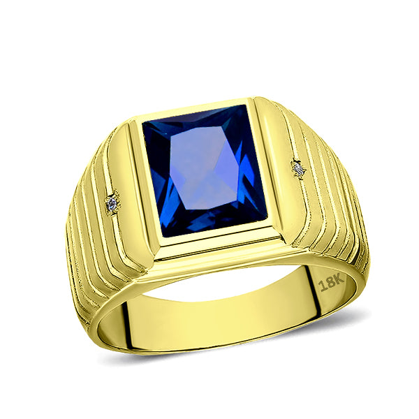 Mens Solid 18K Yellow Gold Blue Sapphire Ring 0.04ct Diamonds Fine Ring for Man