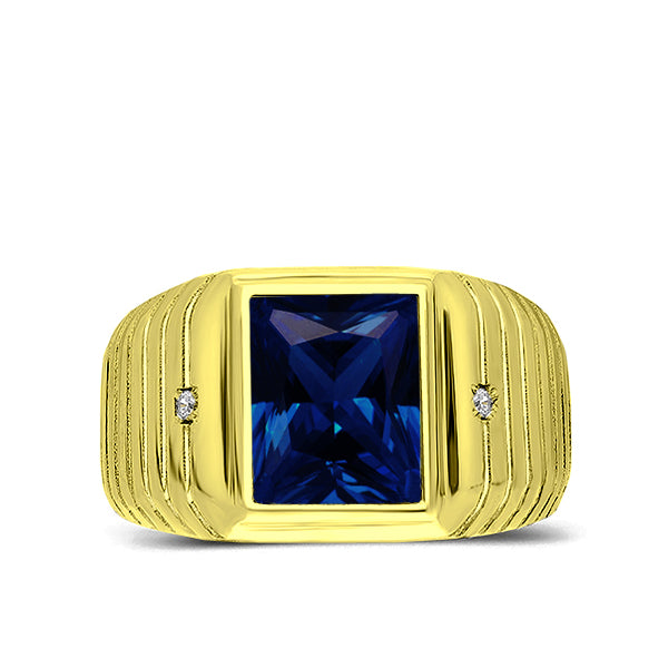2 Diamond Accents 18K Gold Plated on 925 Solid Silver Mens Blue Sapphire Ring