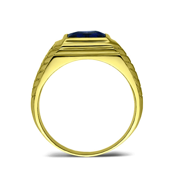 Mens Solid 10K Yellow Gold Blue Sapphire Ring 0.04ct Diamonds Fine Ring for Man