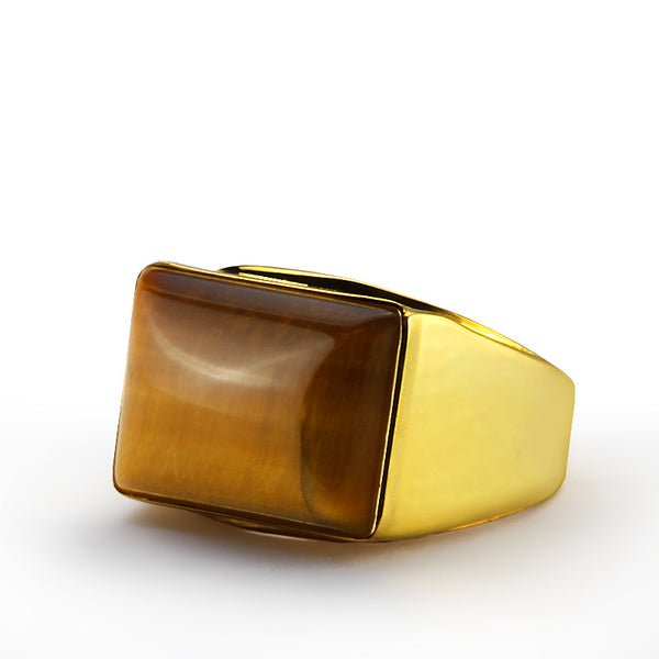 Men's 10k Yellow Gold Band Ring with Natural Brown Tiger's Eye Stone