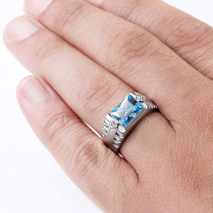 Sterling Silver Bezel Set Topaz Ring for Men with Diamonds