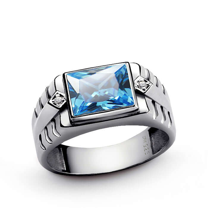 Sterling Silver Bezel Set topaz Ring for Men with Diamonds