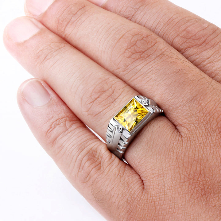 Sterling Silver Bezel Set Citrine Ring for Men with Diamonds