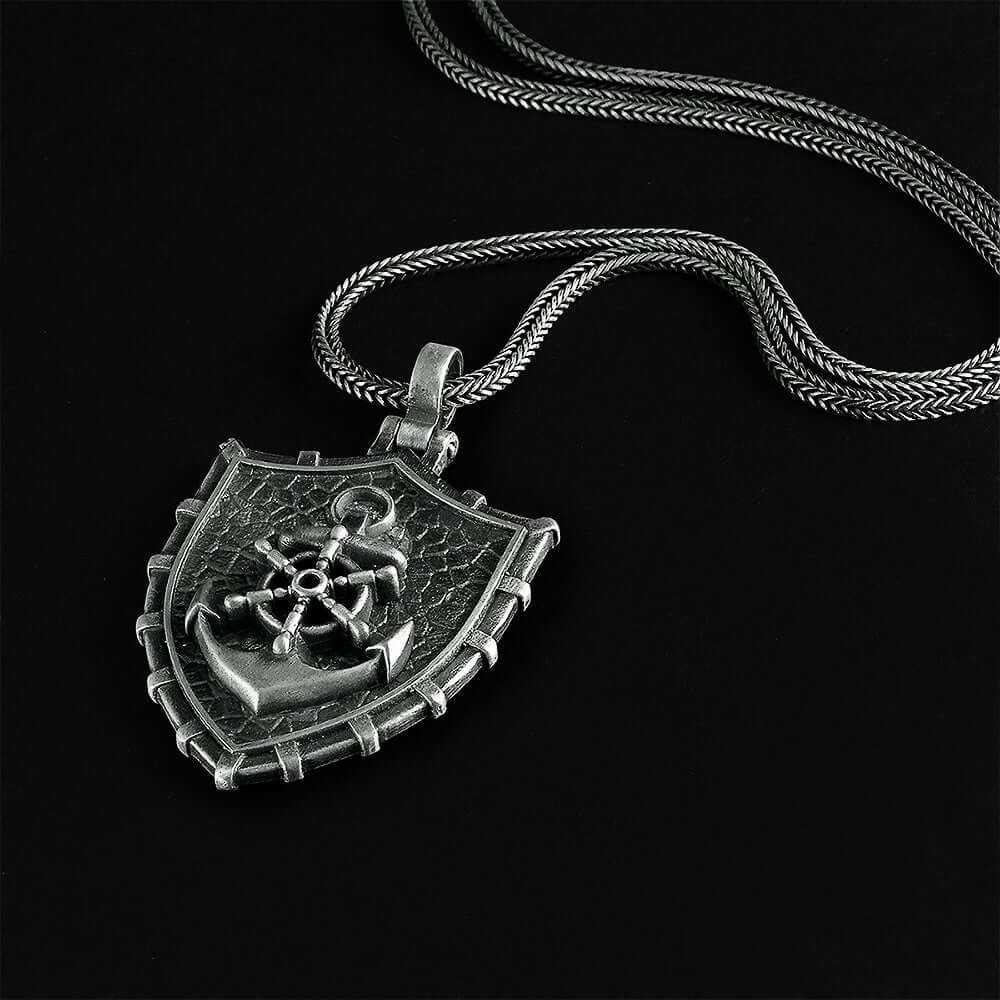 Sailor Ship Wheel Anchor Necklace 925 Silver Men's Pendant with