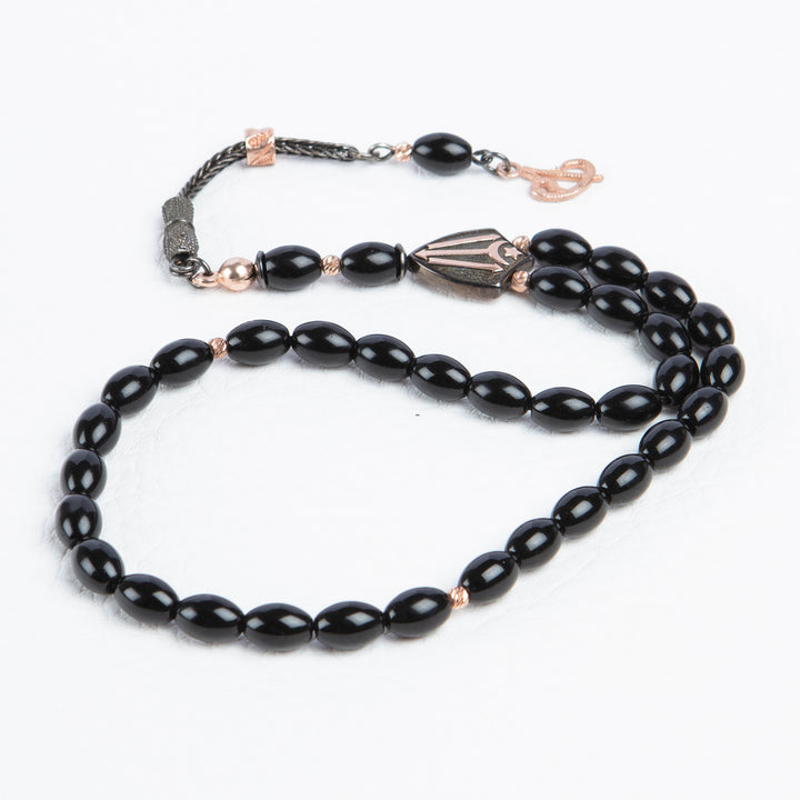 Black Healing Stone Rosary with Ornate Silver Tassel Muslim Tasbih Oval Onyx Islamic Rosary