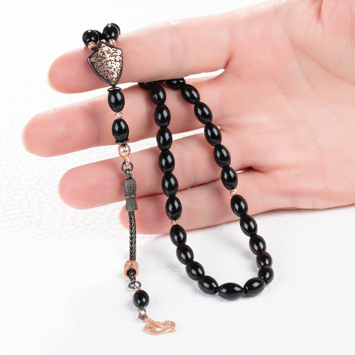 Black Healing Stone Rosary with Ornate Silver Tassel Muslim Tasbih Oval Onyx Islamic Rosary