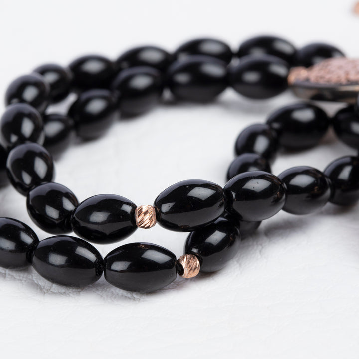 Black Healing Stone Rosary with Ornate Silver Tassel Muslim Tasbih Oval Onyx Islamic Rosary