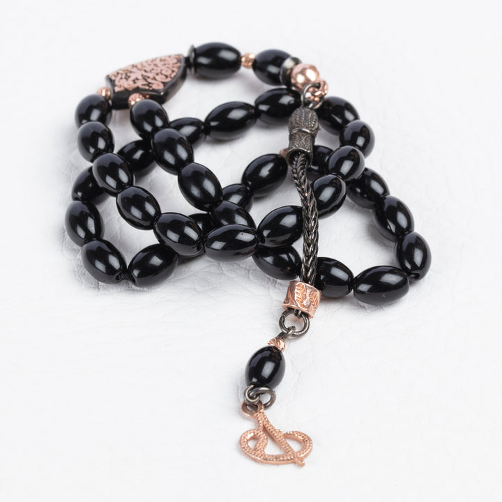 Black Healing Stone Rosary with Ornate Silver Tassel Muslim Tasbih Oval Onyx Islamic Rosary