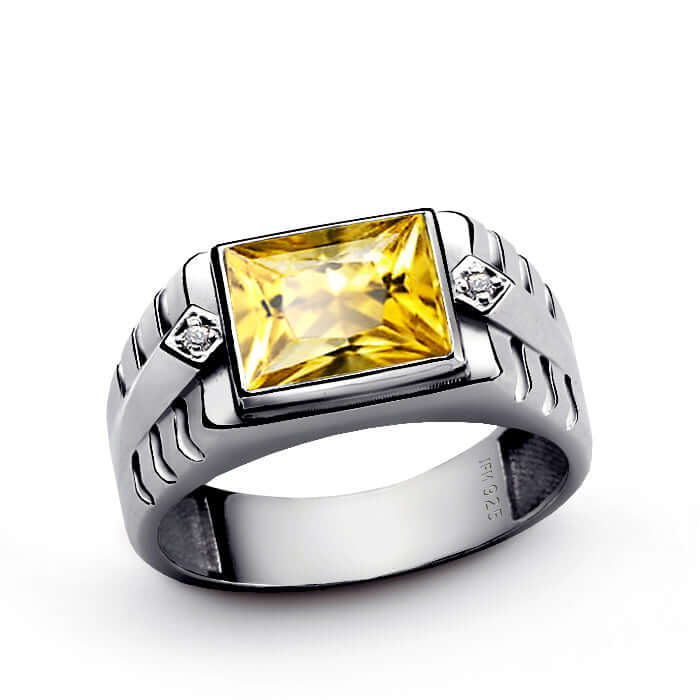 Sterling Silver Bezel Set Citrine Ring for Men with Diamonds