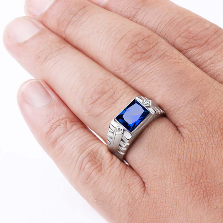 Sterling Silver Bezel Set Sapphire Ring for Men with Diamonds