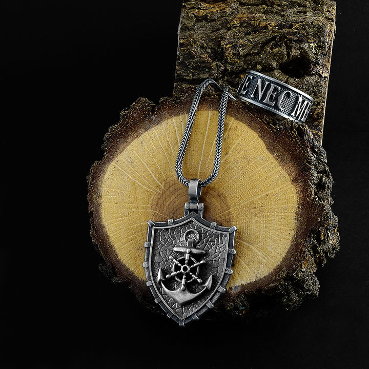 Sailor Ship Wheel Anchor Necklace 925 Silver Men's Pendant with Wheat Link Chain