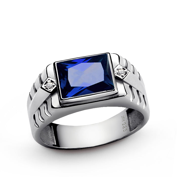 Sterling Silver Bezel Set Sapphire Ring for Men with Diamonds