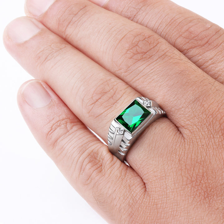 Sterling Silver Bezel Set Emerald Ring for Men with Diamonds
