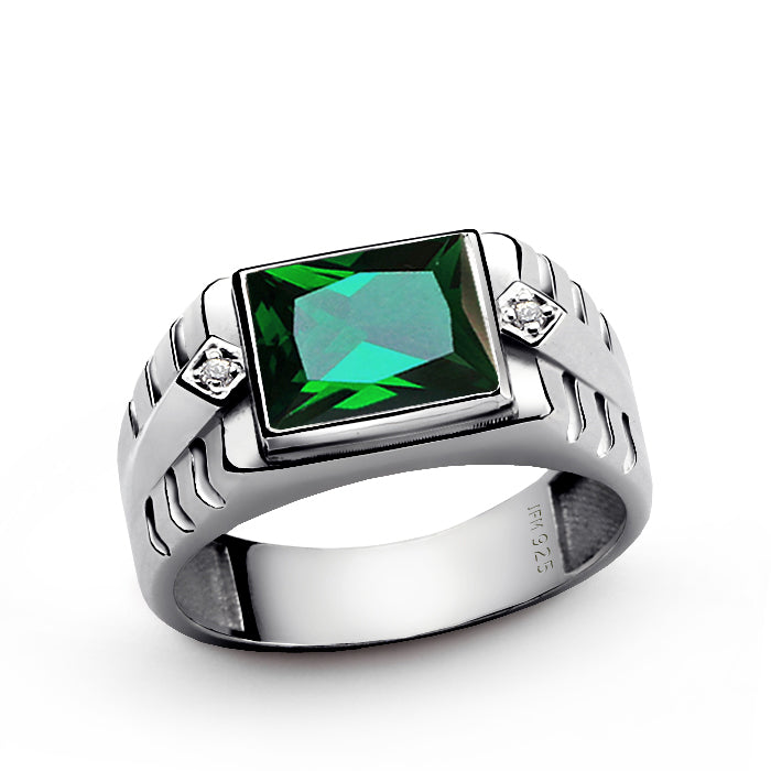 Sterling Silver Bezel Set Gemstone Ring for Men with Diamonds