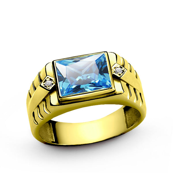 10k Yellow Gold Men's Ring with Blue Topaz and Genuine Diamonds Statement Ring