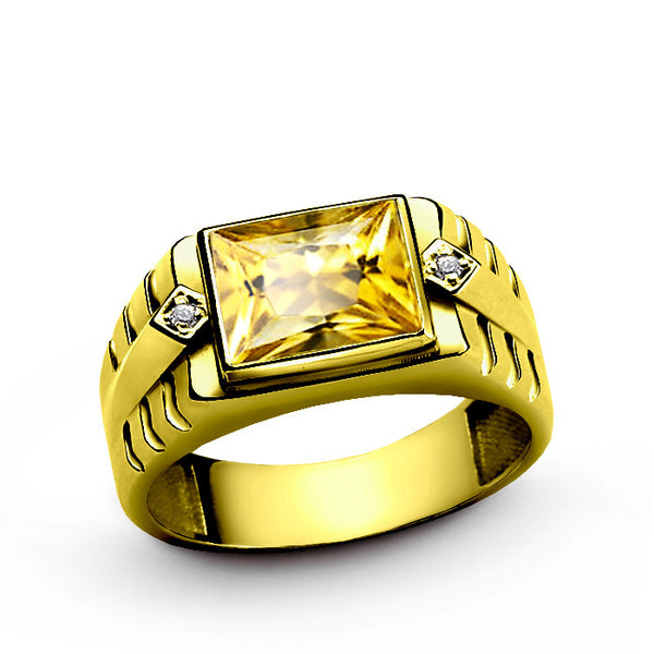 Men's Ring with Citrine Gemstone and Diamonds in 14k Yellow Gold