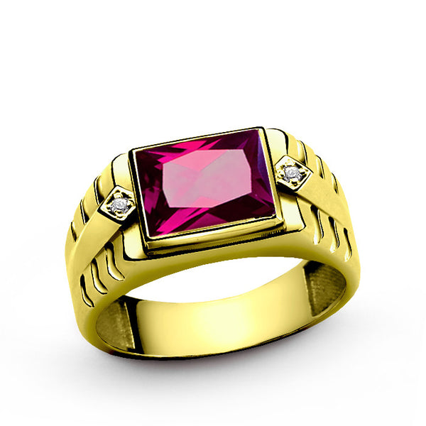 Red Ruby Men's Ring in 14k Yellow Gold with Genuine Diamonds