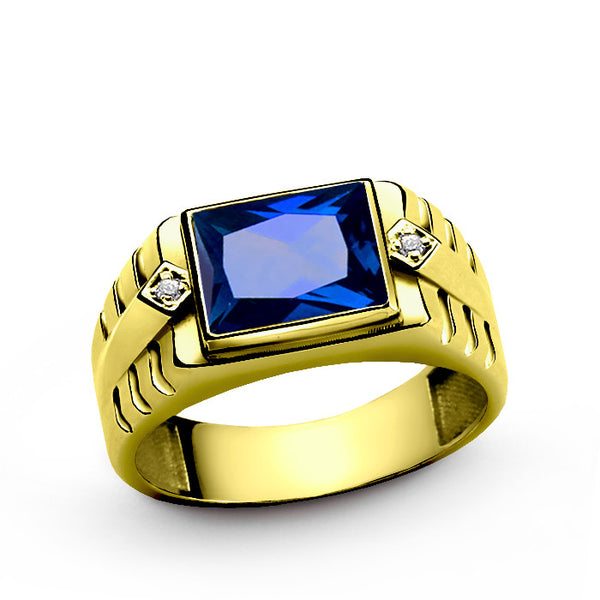 Men's Ring with Sapphire and Genuine Diamonds in 10k Yellow Gold
