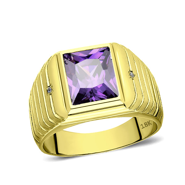Mens Solid 18K Gold Purple Amethyst Ring 2 Natural Diamonds Fine Ring for Man