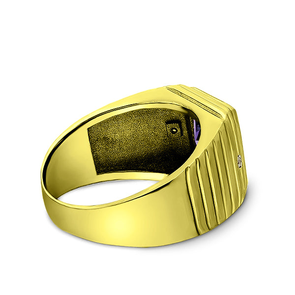 Mens Solid 14K Gold Purple Amethyst Ring 2 Natural Diamonds Fine Ring for Men