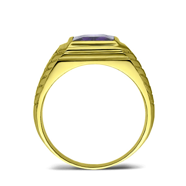 Mens Solid 18K Gold Purple Amethyst Ring 2 Natural Diamonds Fine Ring for Man