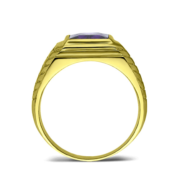 Mens Solid 14K Gold Purple Amethyst Ring 2 Natural Diamonds Fine Ring for Men