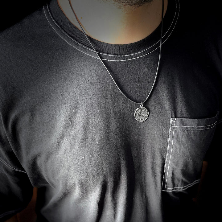 Men's Medallion Necklace 925 Silver Coin Oxidized 3D Pendant