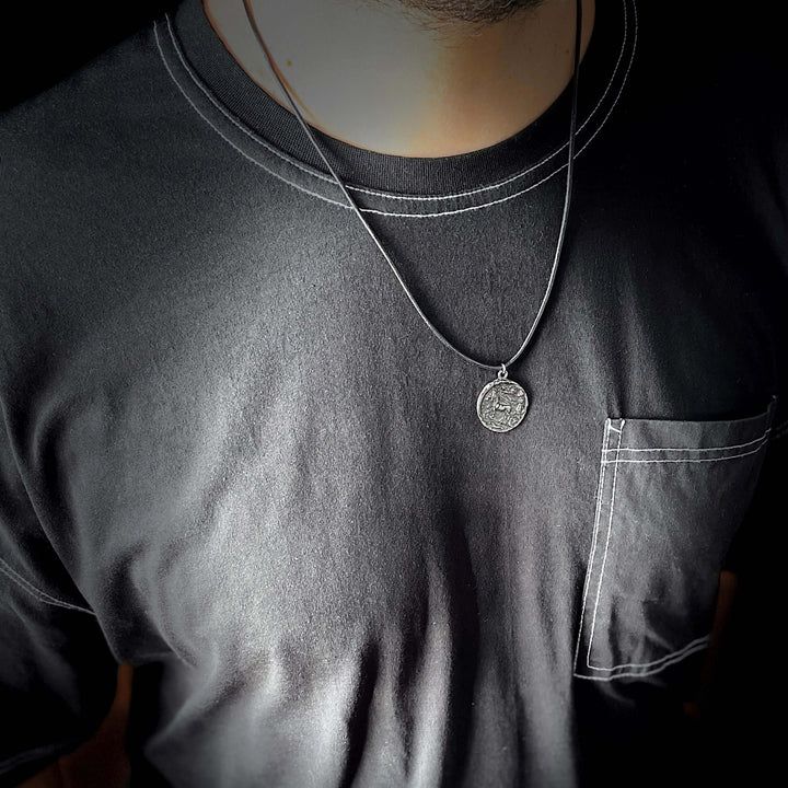 Men's Medallion Necklace 925 Silver Coin Oxidized 3D Pendant