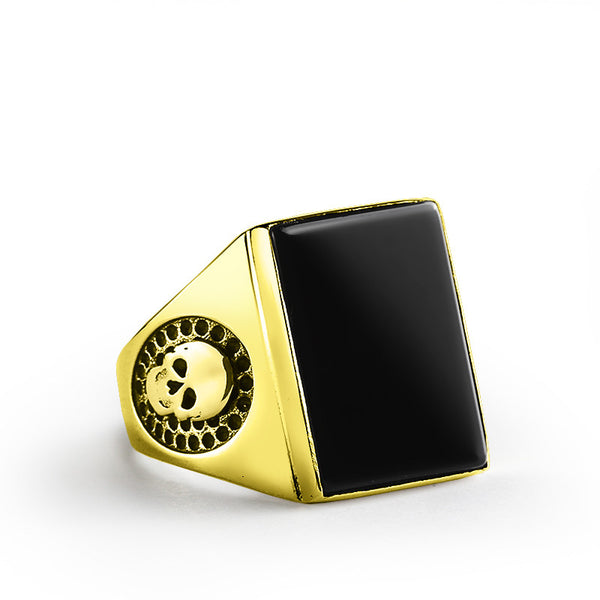 Skull Men's Ring in 10k Gold with Natural Black Onyx Stone, Biker Ring for Men