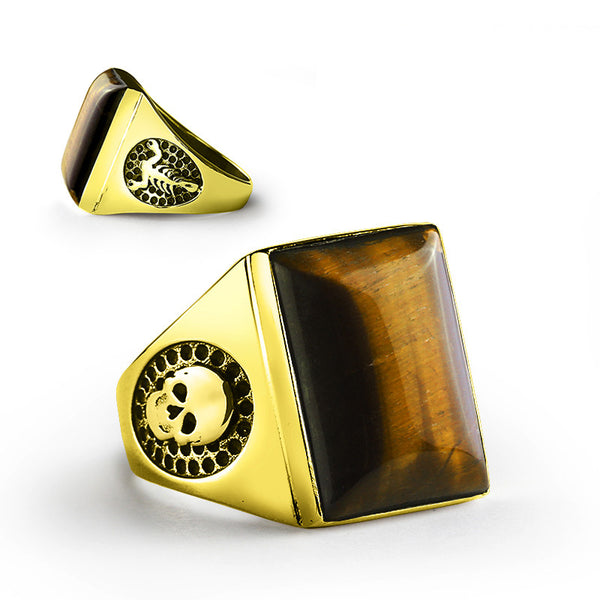 Tiger's Eye Men's Ring with Scorpion and Skull in 14k Yellow Gold