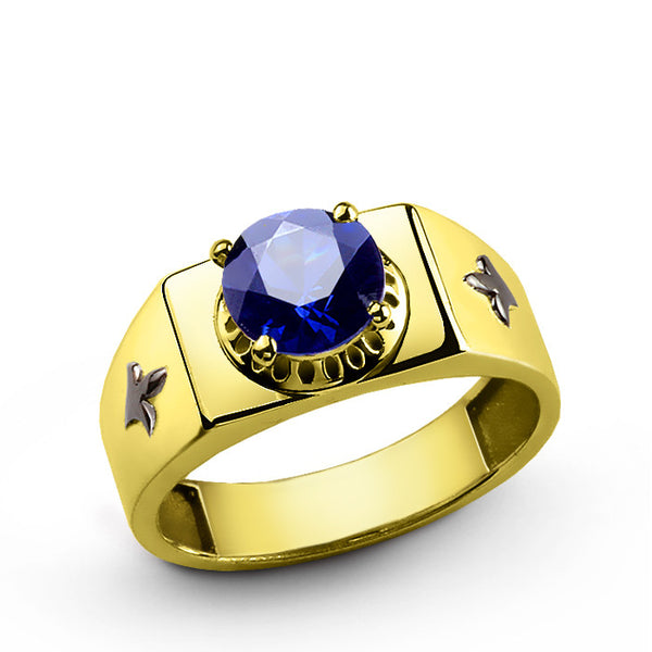 Men's Gold Ring with Blue Sapphire Gemstone, 10k Solid Gold Ring for Men