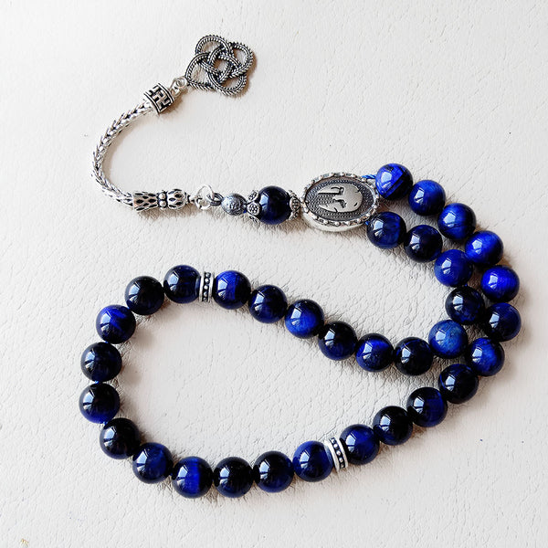 Blue Tigers Eye Gemstone 925 Silver Tasbeeh 33 Prayer Rosary Beads