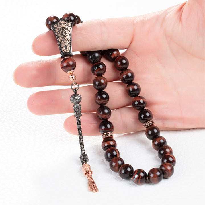 Healing Prayer Beads with Ornate Silver Tassel Islamic Tasbih Tiger Eye Muslim Rosary