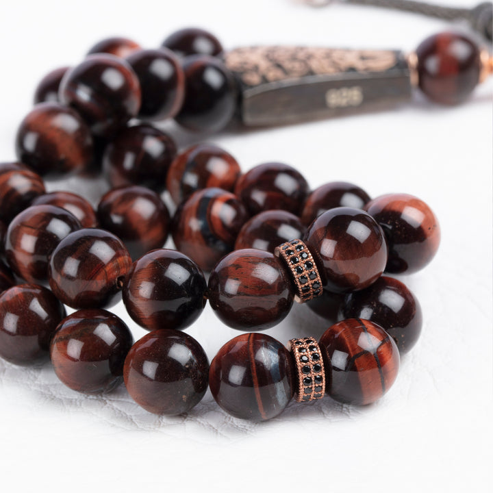 Healing Prayer Beads with Ornate Silver Tassel Islamic Tasbih Tiger Eye Muslim Rosary