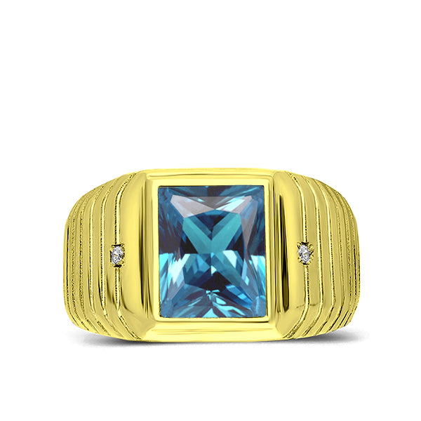 18K Gold Plated on 925 Real Solid Silver Mens Blue Topaz 2 Diamond Accents Ring