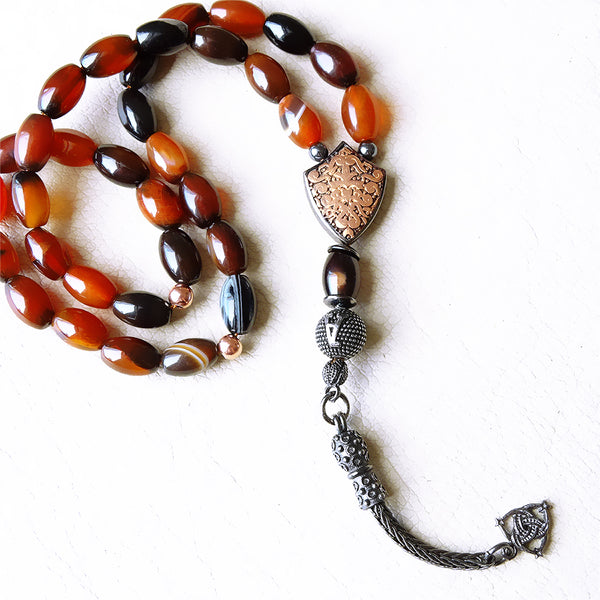 Muslim Rosary Oval Agate Tasbih with 925 SILVER Initial Personalized Tasbeeh Islamic Prayer Beads