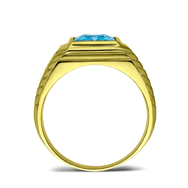 18K Gold Plated on 925 Real Solid Silver Mens Blue Topaz 2 Diamond Accents Ring