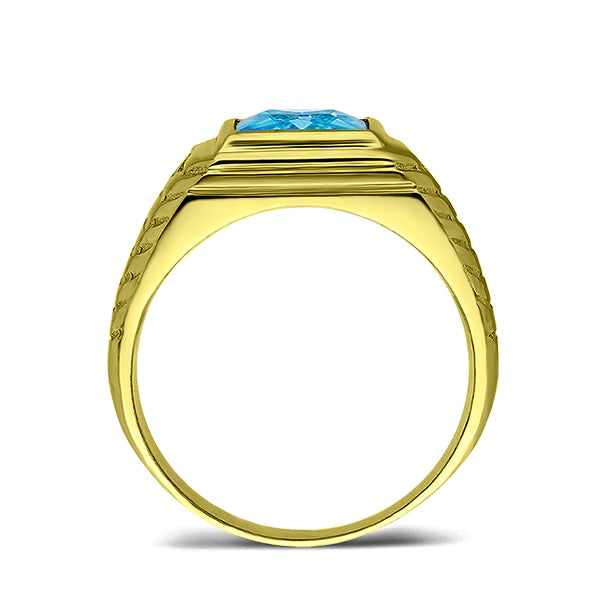 Blue Topaz Mens Ring in Solid 14K Yellow Gold Natural Diamonds Fine Ring for Men