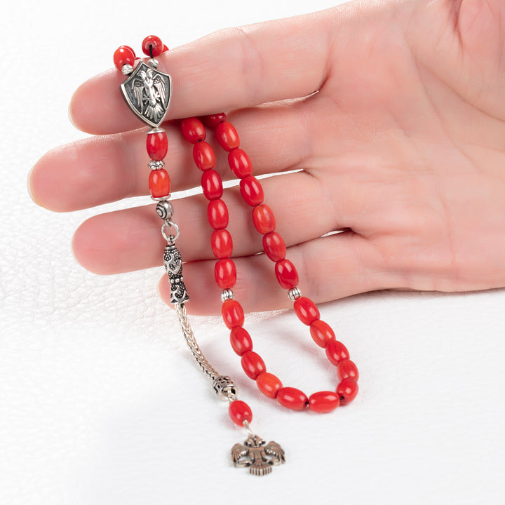 Red Coral Tasbih with Silver Double-Headed Eagle Muslim Rosary Islamic Ramadan Gift