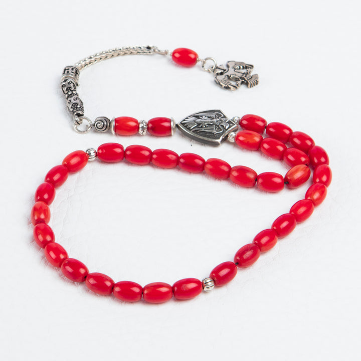 Red Coral Tasbih with Silver Double-Headed Eagle Muslim Rosary Islamic Ramadan Gift