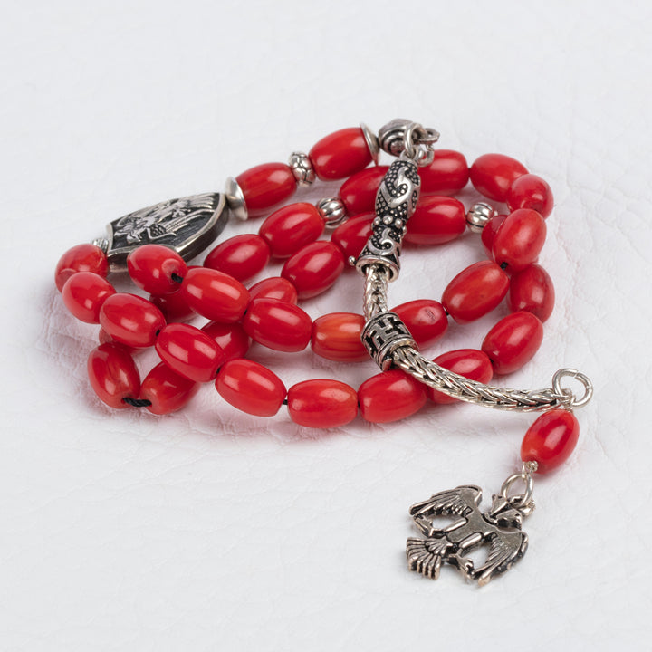 Red Coral Tasbih with Silver Double-Headed Eagle Muslim Rosary Islamic Ramadan Gift