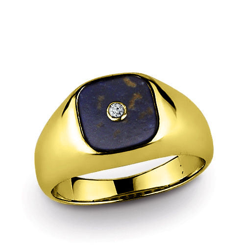 14K Gold Men's Diamond Ring with Natural Blue Lapis Gemstone