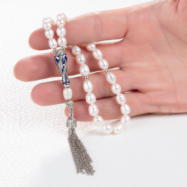 Natural White Pearl Rosary 33 Islamic Prayer Beads with Silver Chain Tassel Unique Tasbeeh Gift