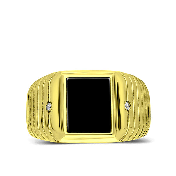 Real Fine 14K Yellow Gold Black Onyx Mens Ring with 0.04ct Natural 2 Diamonds