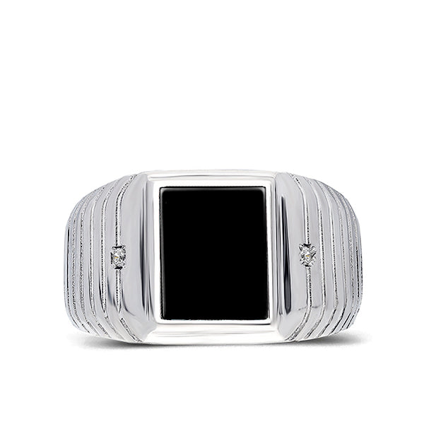 Mens Solid 14K White Gold Black Onyx Ring 0.04ct Natural Diamonds Ring for Men