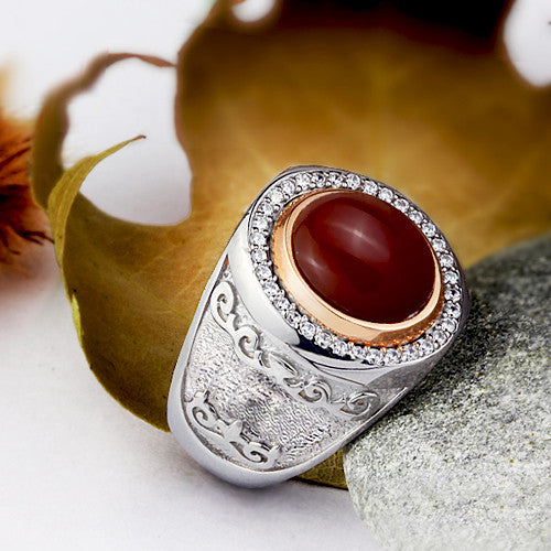 Men's Gemstone Ring with Natural Red Agate Cabochon in 925 Sterling Silver