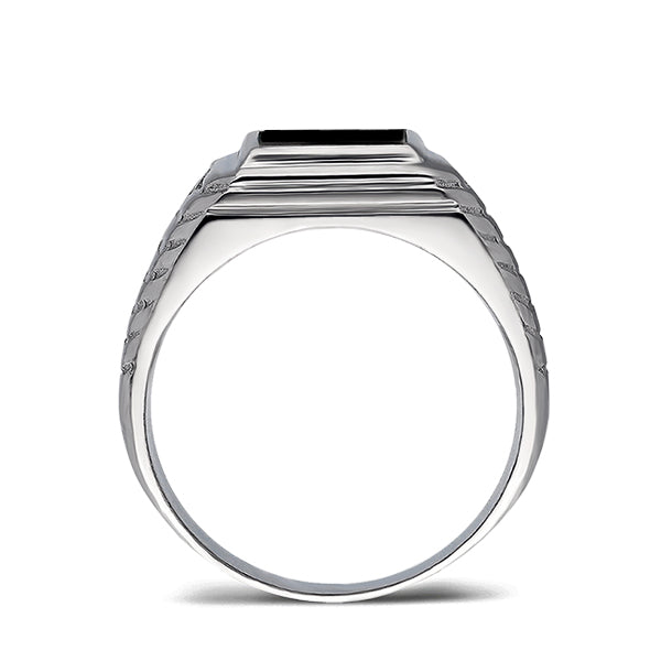 Mens Solid 14K White Gold Black Onyx Ring 0.04ct Natural Diamonds Ring for Men